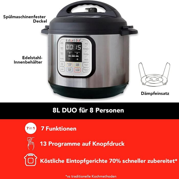 Електрична мультиварка Instant Pot Duo 80, 7,6 л, 1200 Вт, нержавіюча сталь, 7-в-1: скороварка, повільноварка, рисоварка, сотейник, йогуртниця, пароварка та стерилізатор, срібляста