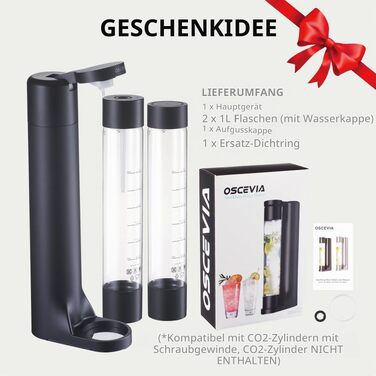 Сифон для газування води Seltzer Sprudelwasser-Maschine, домашній содоmaker з 2 BPA-free пляшками по 1 л, сумісний з балонами CO2 60 л, чорний