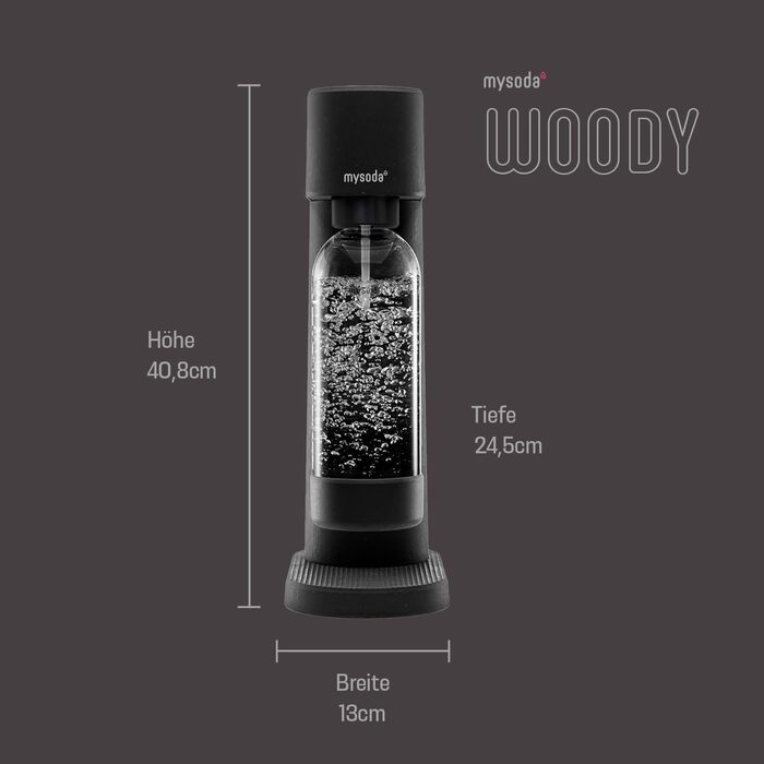 Сифон для газування води Mysoda Woody Wassersprudler (Pigeon), чорний, з CO2-циліндром