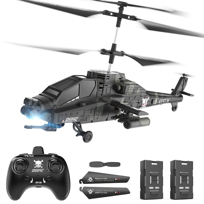 Радіокерований вертоліт DEERC Apache 2.4GHz, 2 акумулятори, 26 хв польоту, LED, стабілізація висоти, автоматичний зліт, чорний – ідеальний подарунок для хлопчиків