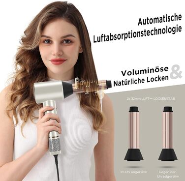 Фен PARWIN PRO BEAUTY Air-Sonic з HD-LED дисплеєм, безщітковим мотором 110000 об/хв, низьким рівнем шуму, автоматичними плойками 2x32 мм, потужним потоком повітря 25 м/с для швидкого сушіння, шампань-срібло