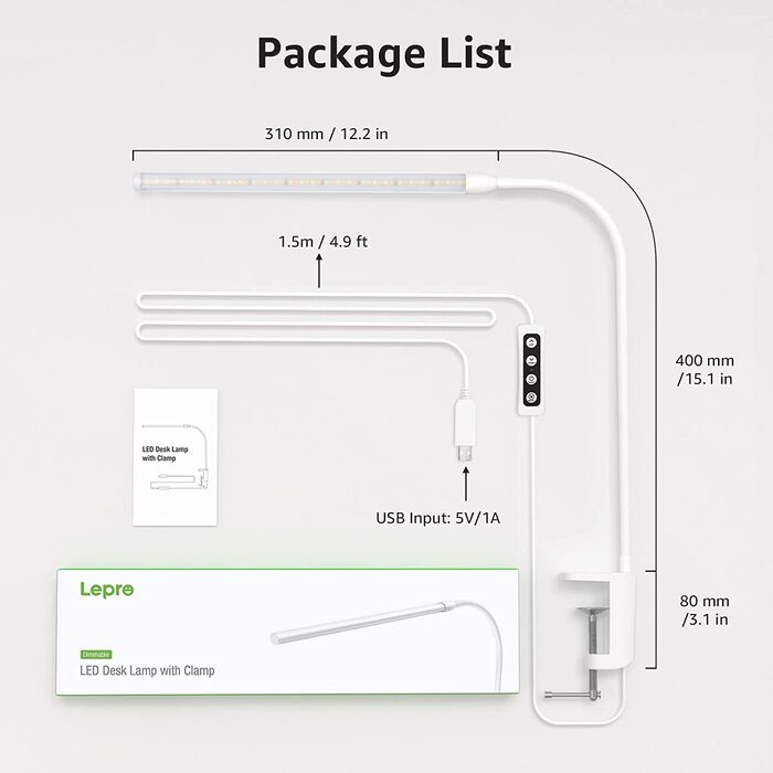 Lepro LED настільна лампа з кліпсою, архітекторська лампа зі згинаним кронштейном, настільна лампа з USB, захистом для очей, 3 кольори та 10 рівнів яскравості, для офісу, біла