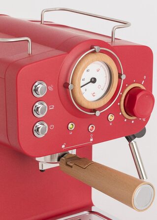 Напівавтоматична еспресо-машина CREATE THERA RETRO, червоний матовий/дерево, 20 бар, 1100 Вт, резервуар 1,25 л, для меленої кави та ESE-подушечок, з парогенератором