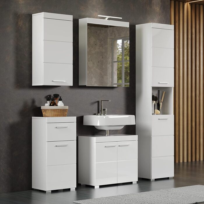 Висока шафа для ванної trendteam Amanda, білий глянцевий, 37x190x31 см, сучасний дизайн