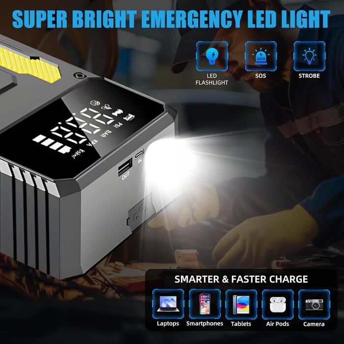 Пусковий пристрій для авто (бустер) з компресором 6000A, портативний Jump Starter Powerbank з LED-ліхтарем та дисплеєм, жовто-чорний