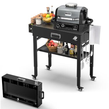 Мобільний гриль-візок для Ninja Woodfire, Weber, Blackstone, Nexgrill, Traeger та інших грилів, візок для гриля з колесами та тримачем для паперових рушників (86 см)