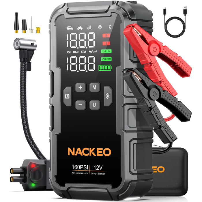 Пусковий пристрій (бустер) 8000A для авто з компресором 160 PSI, Powerbank 12V для бензинових та дизельних двигунів до 12л, з LED-ліхтарем 600LM та LCD-дисплеєм