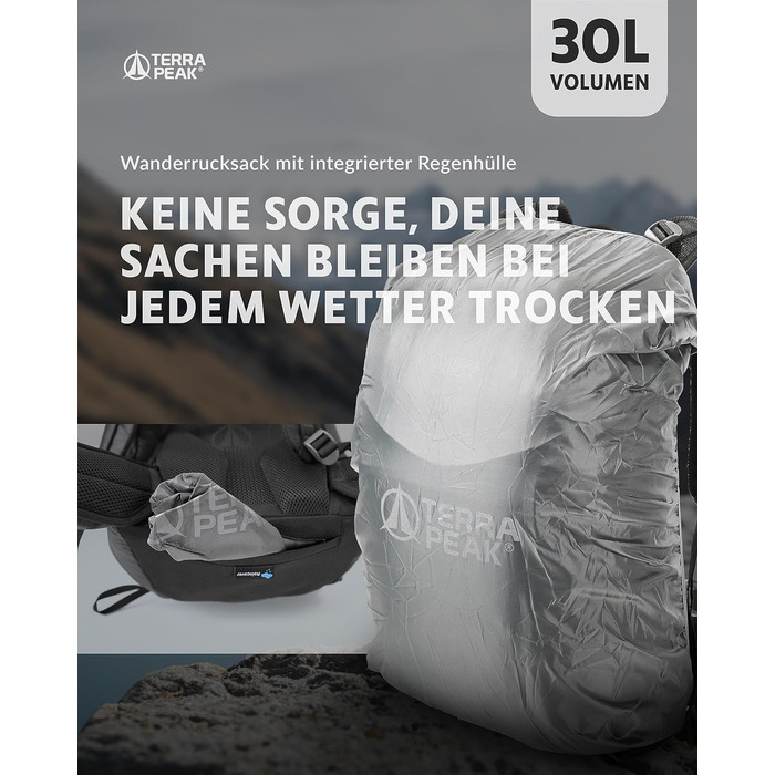 Рюкзак Terra Peak 30 л з вентильованою спинкою, тримачем для питної системи та дощовиком, чорний, туристичний для походів і прогулянок