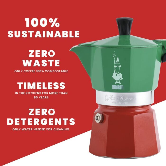 Кавоварка Bialetti Moka Express Italia, 3 чашки, алюмінієва, червоно-зелено-срібляста, класична еспресо-турка для плити