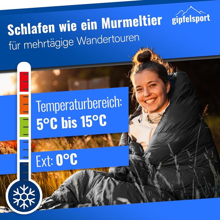 Легкий зимовий спальний мішок Gipfelsport 4 сезони (до -20°C), туристичний спальник-кокон для кемпінгу та трекінгу, чорний