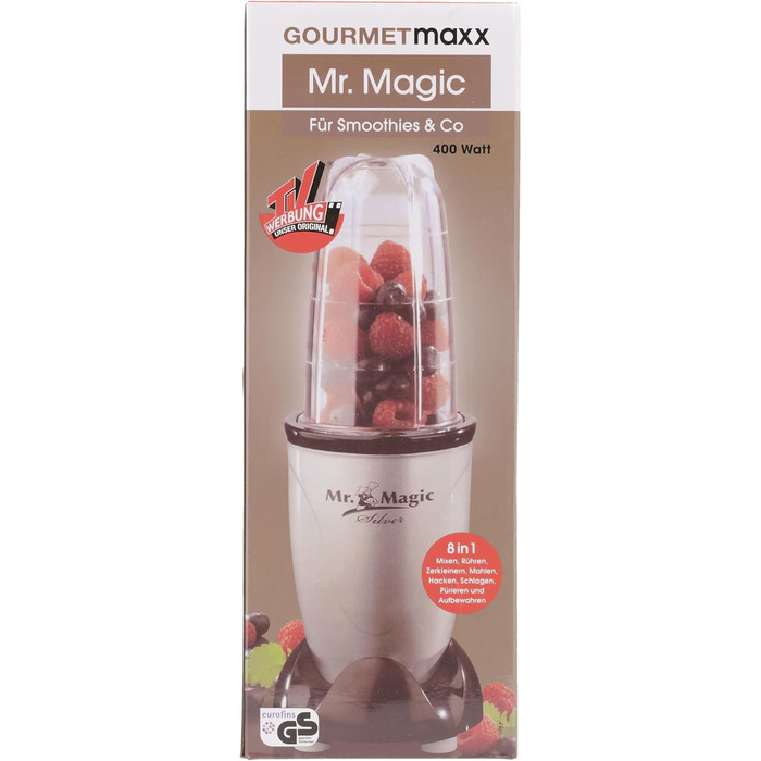 Електричний міні-блендер GOURMETmaxx 400Вт, 4-в-1: смузі-мейкер, стаціонарний міксер, 500 мл, 9 функцій, BPA-вільний, сріблясто-чорний, з дорожнім стаканом, можна мити в посудомийній машині