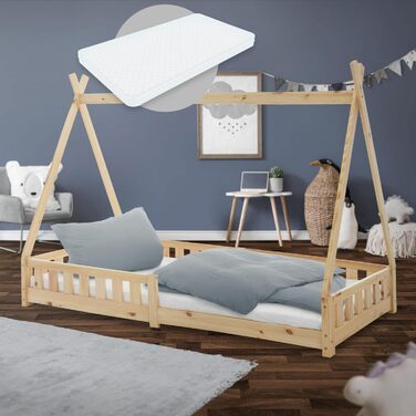 Дитяче ліжко-халапа Tipi ML-Design біле з бортиками та ламелями, з сосни, індіанське ліжко для дівчаток та хлопчиків, будиночок-ліжко з огорожею, ліжко-халапа для дітей та підлітків, ігрове ліжко-намет (90x200 см з матрацом (H: 10 см), натуральне дерево)