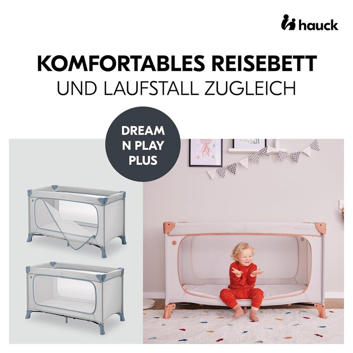 Дитяче дорожнє ліжечко Hauck Dream N Play Plus з транспортною сумкою, великим боковим входом для ігор, компактне складання, для немовлят та малюків від народження до 15 кг, колір Dusty Blue