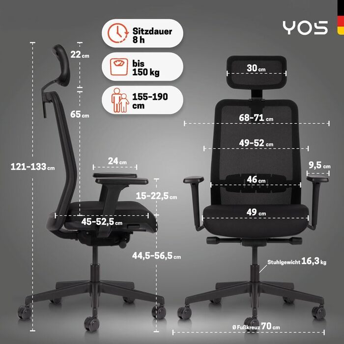 Офісний стілець YOS S5 з підтримкою спини та голови, чорний. Німецька якість, до 150 кг