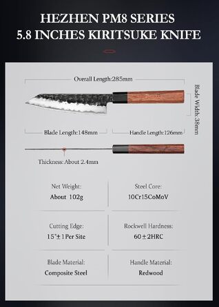 Професійний японський ніж Kiritsuke HEZHEN 21,5 см, кухонний ніж із 3-шарової дамаської сталі з восьмигранною ручкою з червоного дерева та дерев'яним чохлом