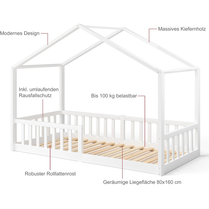 Дитяче ліжко-домік Bellabino Bia 80x160 см, біле, з бортиком і основою, Montessori підлогове ліжко з масиву сосни