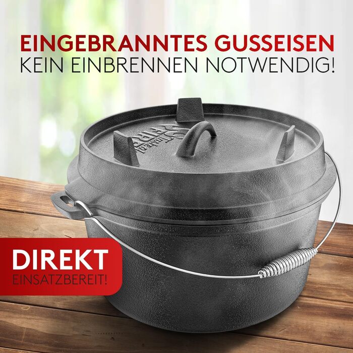 Набір чавунного казана BBQ Dutch Oven [Das Original] 10,8 л з підставкою та кришкою-гриль 2,2 л, піднімачем та електронною книгою рецептів