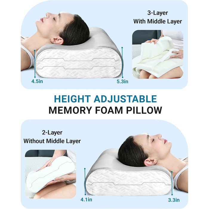 Подушка ортопедична Elviros з піною Memory Foam для сну на боку та спині, регульована, знімний чохол сірий