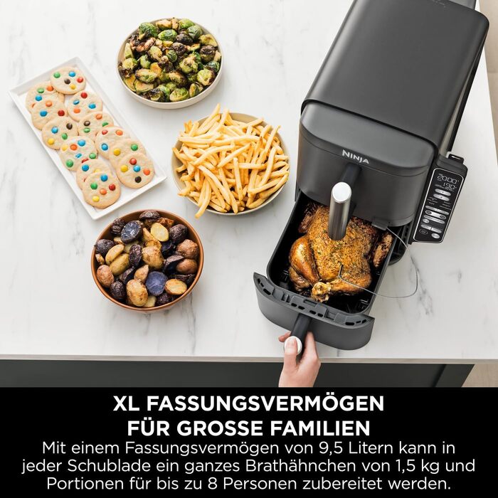 Вертикальна аерофритюрниця Ninja Double Stack XL Air Fryer 9,5 л з цифровим термометром, 6 функцій приготування, 2 рівні, сіра SL451EU