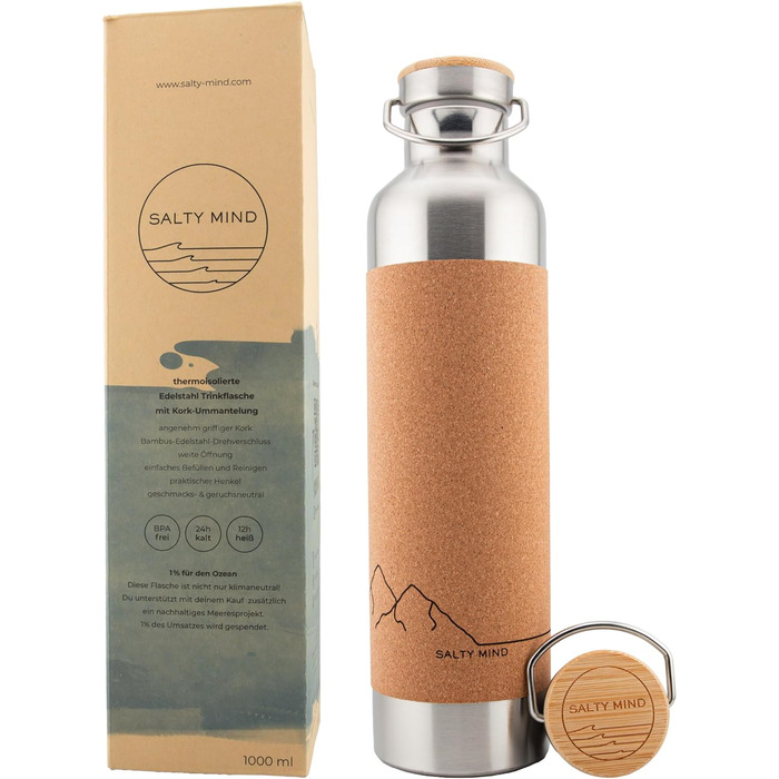 Salty Mind термос-пляшка з нержавіючої сталі 1 л, ізольована, герметична, BPA Free, з корковою кришкою та ручкою для води, для спорту, офісу, походів, екологічна