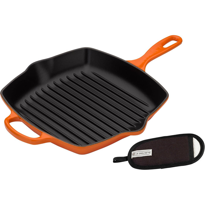 Le Creuset чавунна гриль-сковорода Signature квадратна 26 см, червона + класичний чорний силіконовий чохол для ручки