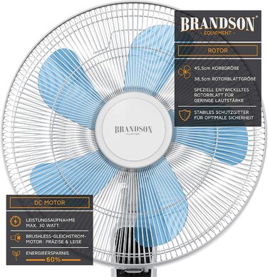 Підлоговий вентилятор Brandson DC Silent з дистанційним керуванням, LED-дисплеєм, 24 швидкостями, тихий, енергоощадний, регульована висота, нахил голови, 80° осциляція, білий