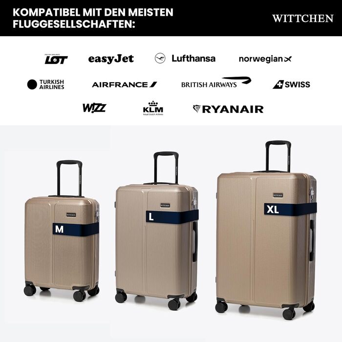 Валіза Wittchen Stripes Line XL (76.5x50x29 см) — великий дорожній кофр з ABS-пластику, 96 л, 4 колеса 360°, кодовий замок, золотиста
