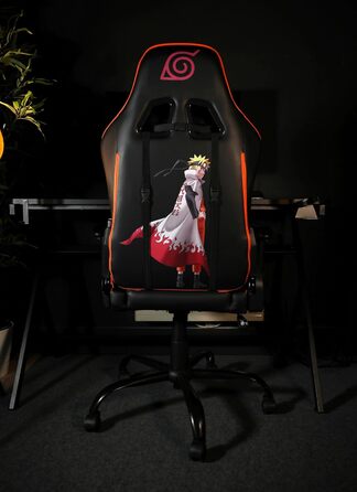 Ігрове крісло Konix Naruto Shippuden Premium, PVC-шкіра, ергономічне, з подушками для попереку та шиї, нахил 150°, дизайн Хокаге, чорне з помаранчевим