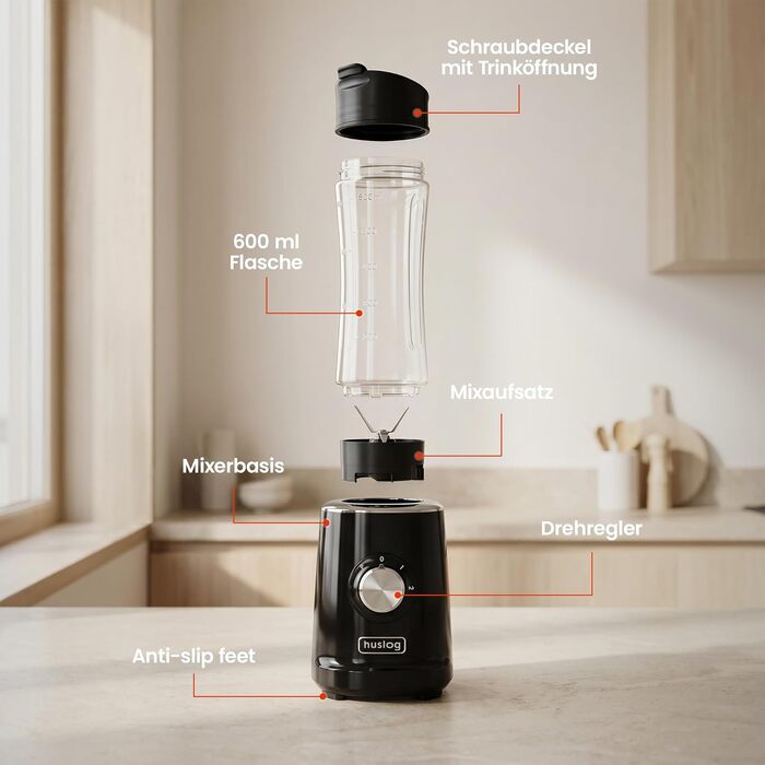 Блендер для смузі 500W Blend & Go, 600 мл, 2 швидкості, чорний - професійний блендер для коктейлів та протеїнових напоїв