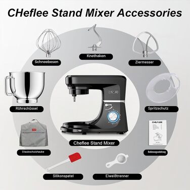 Кухонний комбайн-міксер CHeflee 2000W, планетарний міксер для тіста з чашею 8 л, 6 швидкостей, низький рівень шуму, набір насадок та захисна кришка