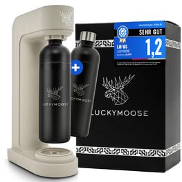 Сифон для газування води Luckymoose Infinity з 2 сталевими пляшками по 1,25л, економний спірулер для води, сумісний з синіми циліндрами CO2 60л (Колір: пісочний/чорний)