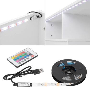 ТВ тумба ML-Design з дерева з LED підсвічуванням і скляною полицею, біла, без ручок, сучасна, 130x49x45 см, для вітальні