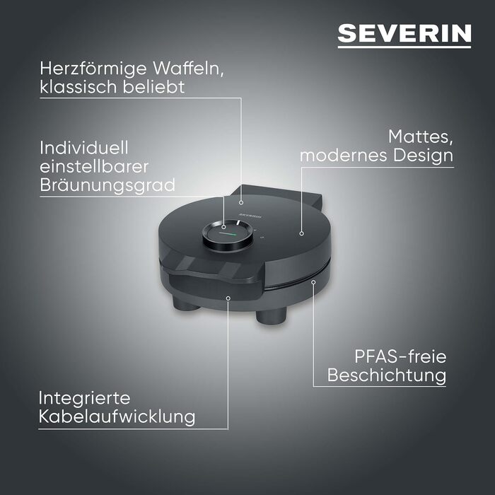 Вафельниця SEVERIN Black Line WA 2117 для серцеподібних вафель, антипригарне покриття без PFAS, 1000 Вт, чорний/нержавіюча сталь