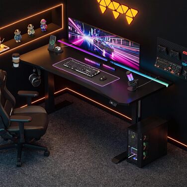 Регульований по висоті письмовий стіл Devoko 160x70 см, ігровий стіл для комп'ютера з двома моторами, LED-підсвіткою та кабелеменеджментом, чорний