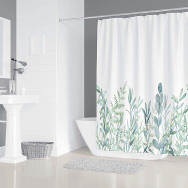 Душова штора M&W DAS DESIGN із зеленими листям і квітами, текстильна, антимікробна, водонепроникна, для ванної, з 12 кільцями, 240x200 см