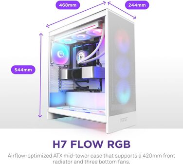 Корпус NZXT H7 Flow RGB білого кольору, Mid-Tower ATX з ефективною вентиляцією, комплектується RGB-вентиляторами, підтримка підлогових вентиляторів для прямого охолодження GPU, сумісний з 360 мм вентиляторами у єдиній рамі