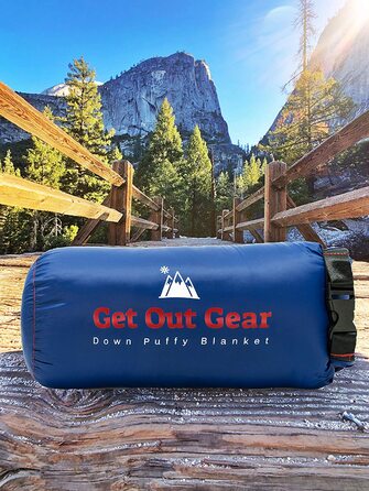 Кемпінгова пухова ковдра Get Out Gear, легка, тепла, водостійка, 650 Fill Power, для подорожей, рюкзака, пляжу, гамака, синя/червона