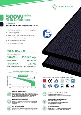 Двобічна сонячна панель Solarway 500W Full Black n-type Glas-Glas для балкона (набір 4 шт), позитивна толерантність потужності