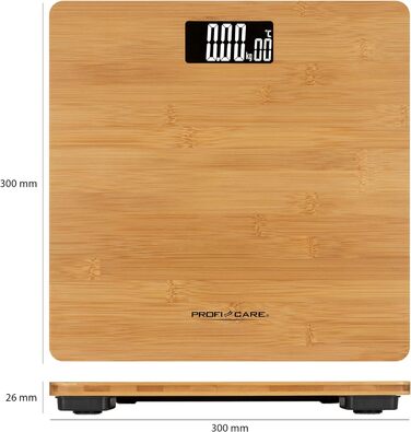 Електронна вага для людей ProfiCare PC-PW 3103 з натурального бамбука, цифровий дисплей LCD, індикація температури, вантажопідйомність 5-180 кг, дерев'яна поверхня