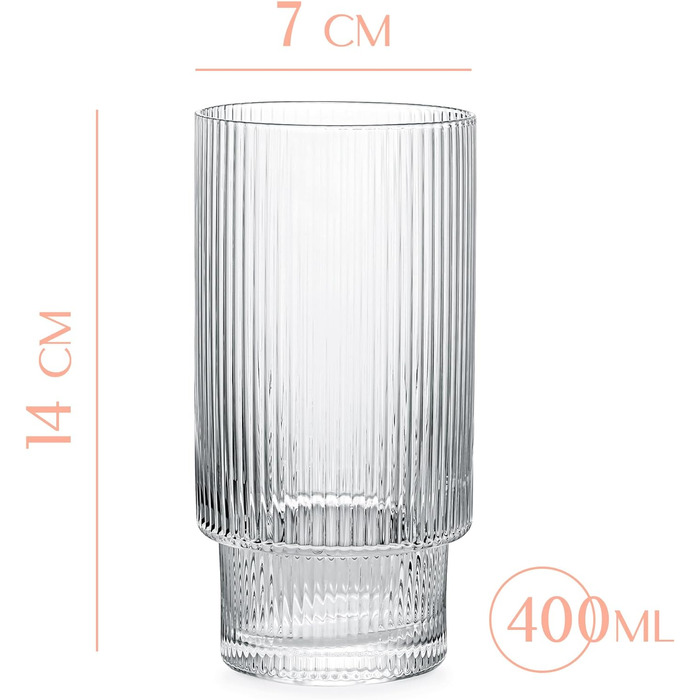 Набір склянок для коктейлів GLASSIQUE CADEAU Art Deco 400 мл, 4 шт. – вінтажні рифлені високі склянки для джин-тоніку, лонгдринків, мохіто