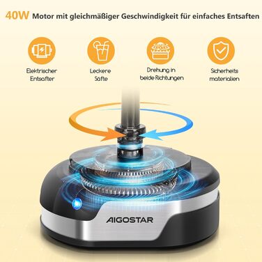 Aigostar Juicy електрична цитрусова соковижималка 1,2 л з LED-підсвіткою, 2 конуси, для апельсинів, лимонів, лаймів, грейпфрутів, 40 Вт, підходить для посудомийної машини