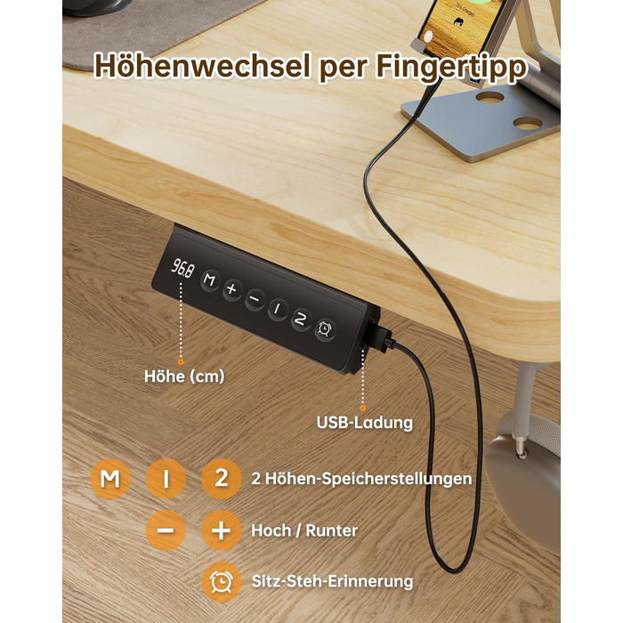 Електричний підйомний стіл JUMMICO з USB-портом, ергономічний стіл для роботи сидячи та стоячи, бежевий, 160 x 70 см