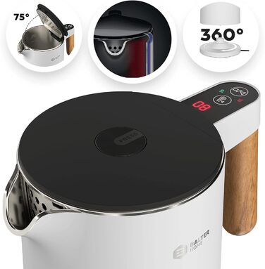 Електричний чайник BALTER з регулюванням температури, 1.5L, 2200W, нержавіюча сталь, без BPA, подвійні стінки, сірий