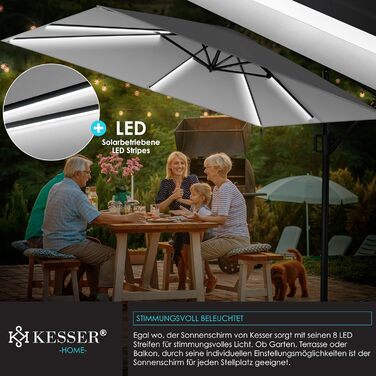 Сонячна прямокутна парасоля KESSER Holly з LED-підсвічуванням, алюмінієвий каркас, водовідштовхувальна, UV-захист, 350 см, з чохлом і фіксатором, світло-сіра для саду
