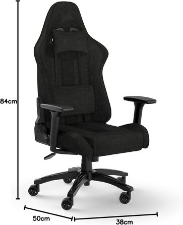 Ігрове крісло Corsair TC100 Relaxed, текстильне, чорне, ергономічне, з подушкою для попереку та знімною подушкою для шиї з memory-піни, регульовані підлокітники, стиль автоспорту