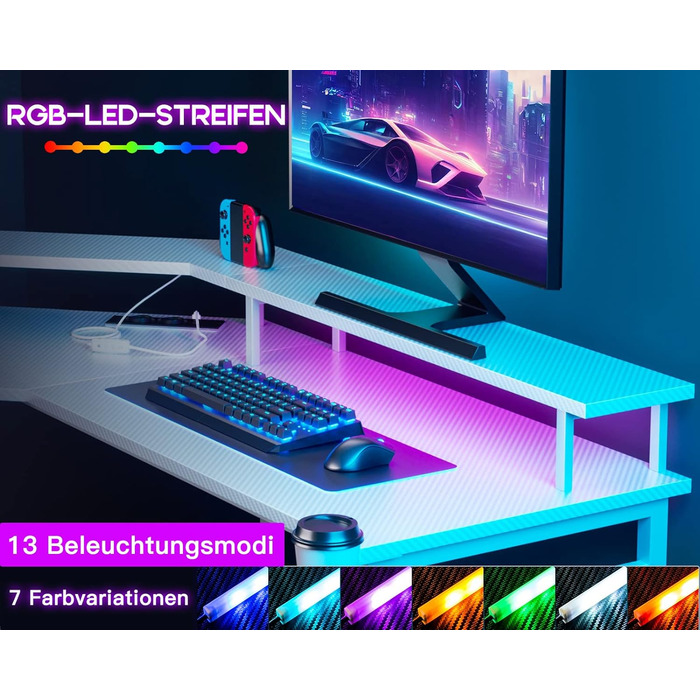 Ігровий стіл ODK з LED-підсвіткою, 2 розетками та 2 USB-портами, велика полиця для монітора, комп'ютерний стіл для геймерів, карбонове біле покриття, 129x129 см