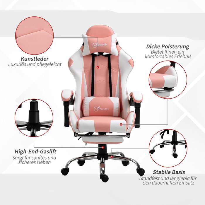 Ігрове крісло Vinsetto Ergonomic Gaming — ергономічний офісний стілець з підголівником, рожевий