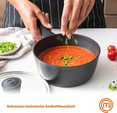 Каструля MasterChef з антипригарним покриттям та скляною кришкою, 20 см, алюмінієва, індукційна, універсальна для всіх типів плит, чорна, для супу та макаронів, колекція Aluminum Essentials