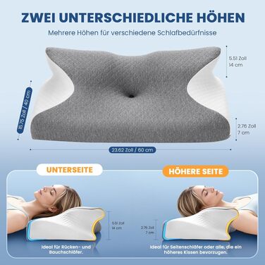 Ортопедична подушка A-Pce з піни Memory Foam для шиї та спини, сіро-біла. Для сну на боці, спині та животі. Зменшує біль у шиї, плечах та спині.