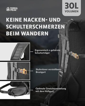 Рюкзак Terra Peak 30 л з вентильованою спинкою, тримачем для питної системи та дощовиком, чорний, туристичний для походів і прогулянок